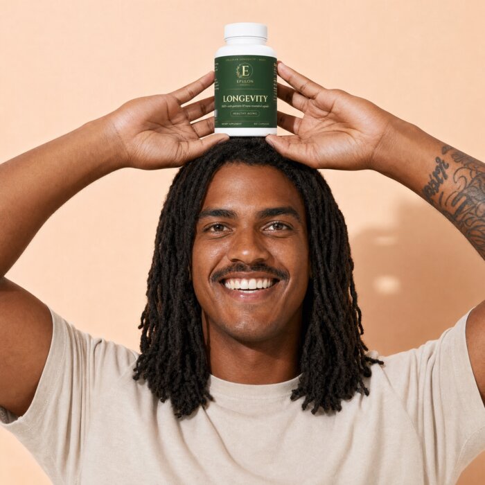 Man with dreadlocks holding Longevity capsules