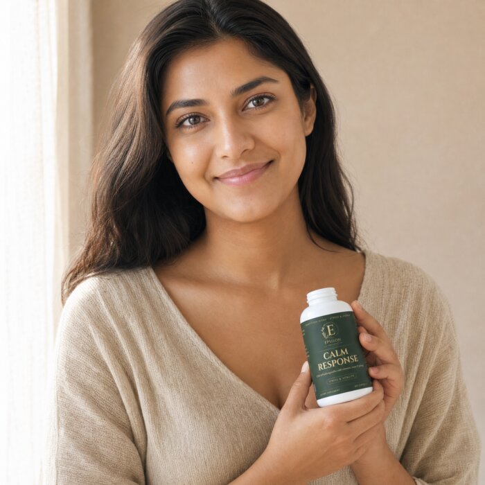Woman holding Calm Response capsules